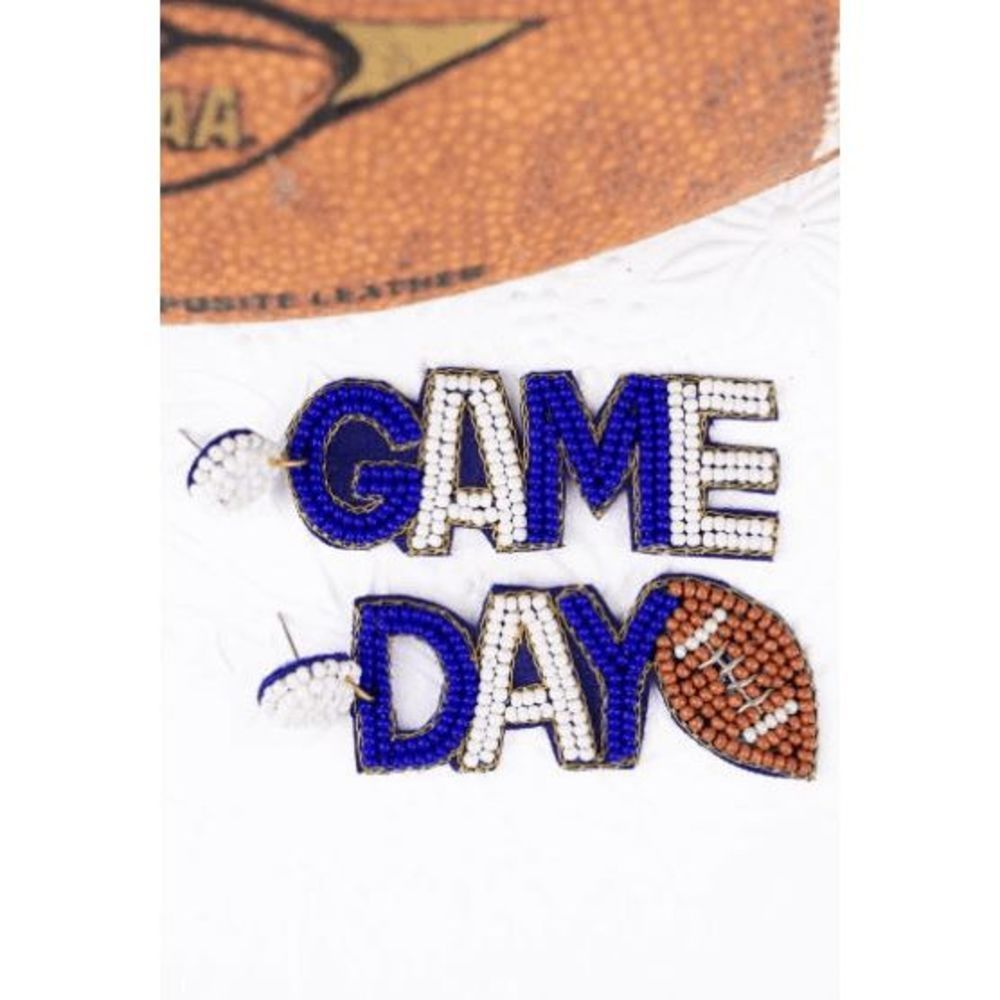 BLUE AND WHITE FOOTBALL 'GAME DAY' BANNER SEED BEAD EARRINGS
